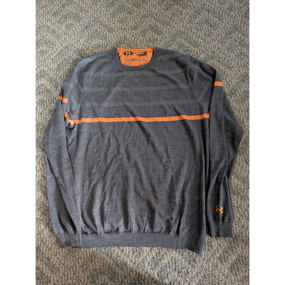 Under Armour Mens Merino Wool Sweater Grey Orange Striped Golf Knit 1232944